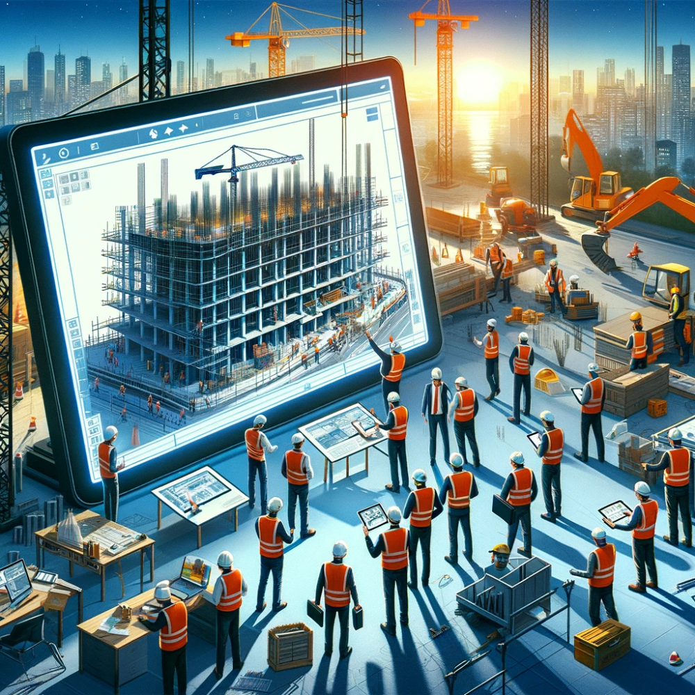 DALL·E 2024-02-28 11.01.11 - Illustrazione di un cantiere edile avanzato, con operai e ingegneri che utilizzano la tecnologia BIM per coordinare i lavori. La scena include un gran